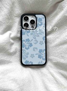 ins艺术蓝色小花亚克力黑边磁吸适用苹果iPhone16promax手机壳1312pro小米1415Pro华为mate60p70三星S23防摔