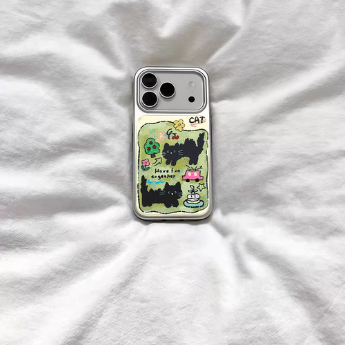 ins风可爱草地小黑猫电镀银磁吸适用苹果iPhone17promax手机壳1615pro小米1415Pro华为mate80p70三星S23防摔