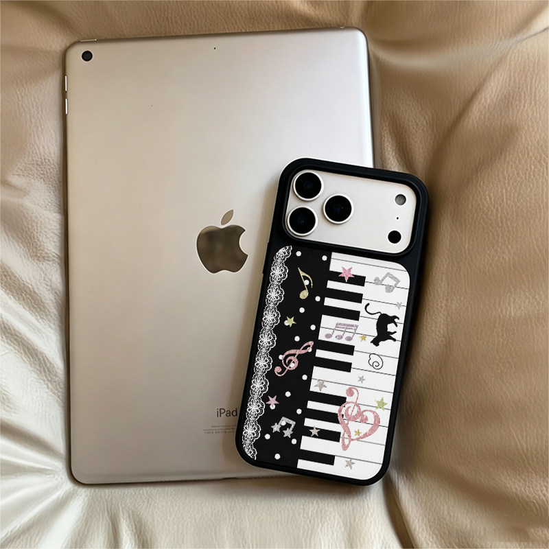ins风钢琴小猫黑边软壳磁吸适用苹果小米iPhone17promax手机壳1613pro小米1415Pro华为mate80p90三星S25防摔