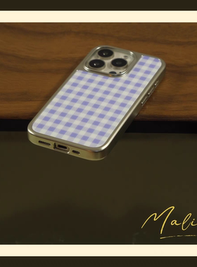 夏日少女淡紫色格子磁吸电镀银边软壳适用于苹果13手机壳iPhone16promax亚克力1112小米1415pro华为mate60P70