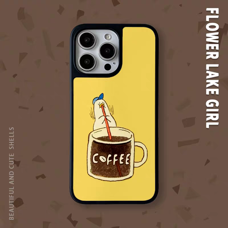 咖啡续命鸭鸭原创亚克力黑边磁吸适用苹果iPhone16promax手机壳1315pro小米14Pro华为mate60p70三星S23防摔