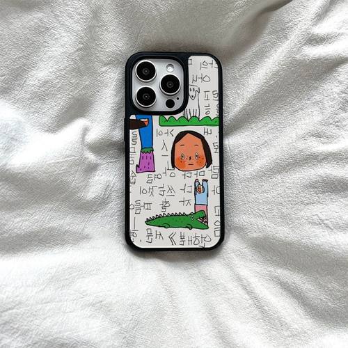 韩式涂鸦ins亚克力黑边亮面磨砂适用苹果16手机壳iPhone15ProMax14Pro1312mini78x保护套11XsMax防摔ins风玻