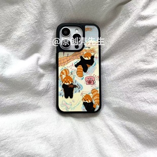 ins可爱小熊猫亚克力黑边磁吸适用于苹果iPhone16promax1312pro小米1415Pro华为mate60p70三星S23防摔手机壳