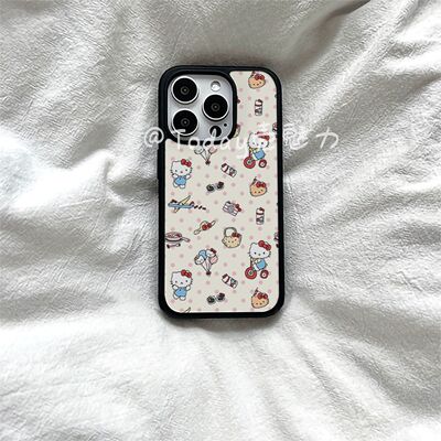 粉色波点KT猫亚克力黑边磁吸适用苹果iPhone16promax手机壳1315pro小米14Pro保护套华为mateP7060防摔三星S23