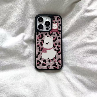 ins粉豹纹西高地亚克力黑边磁吸适用苹果iPhone16promax手机壳1312pro小米1415Pro华为mate60p70三星S23防摔