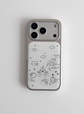 ins复古可爱小猫插画电镀银磁吸适用苹果iPhone17promax手机壳1615pro小米1415Pro华为mate60p70三星S23防摔