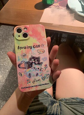 原创多巴胺涂鸦猫猫手机壳适用iphone15苹果14promax可爱131211菲林vivox90华为mate60pro全包opporeno10小米