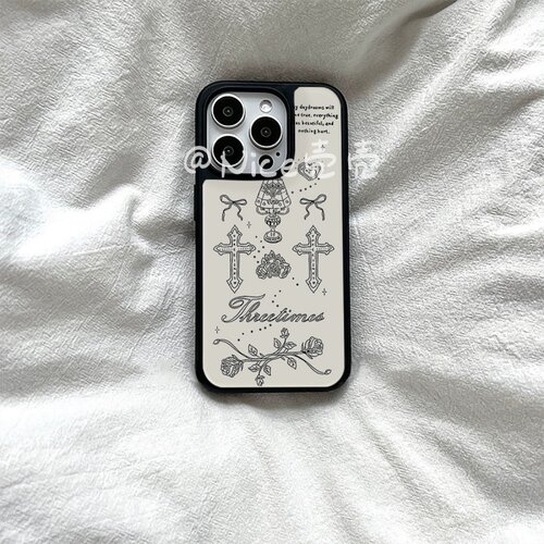 美式复古十字玫瑰亚克力黑边磁吸适用苹果iPhone16promax手机壳1312pro小米1415Pro华为mate60p70三星S23防摔