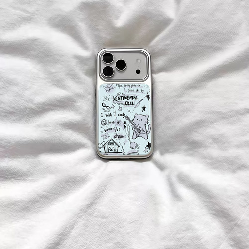 ins插画音乐小猫复古电镀银磁吸适用苹果iPhone17promax手机壳1615pro小米1415Pro华为mate60p70三星S23防摔