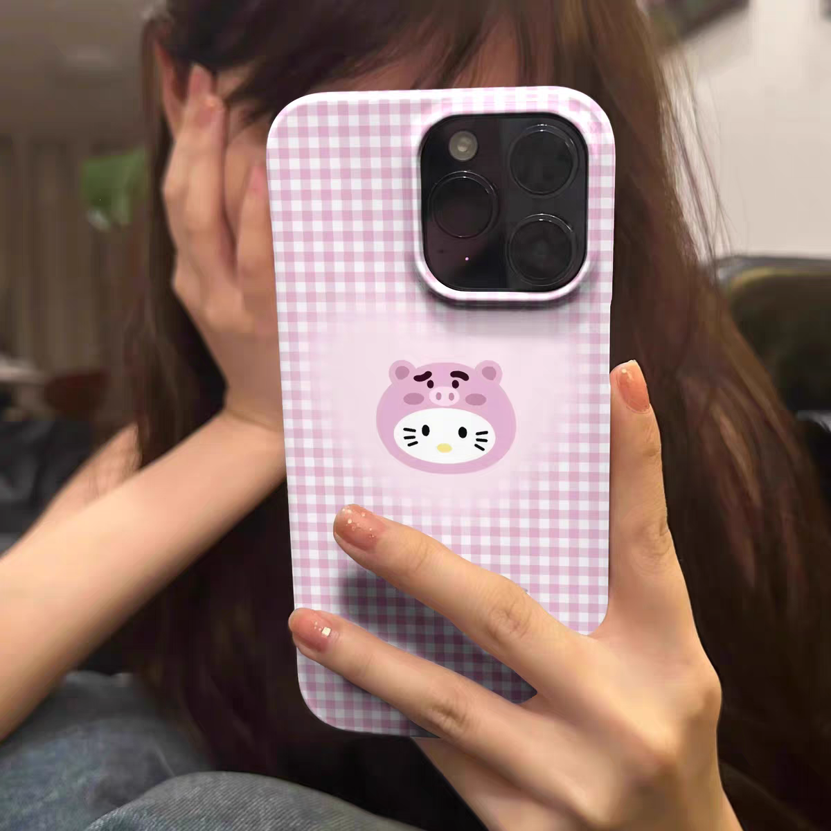 猪咪可爱ky猫格子少女心苹果手机壳菲林壳适用iPhone16promax/15pro/13/14plus手机壳苹果12mini硬XS/8保护套