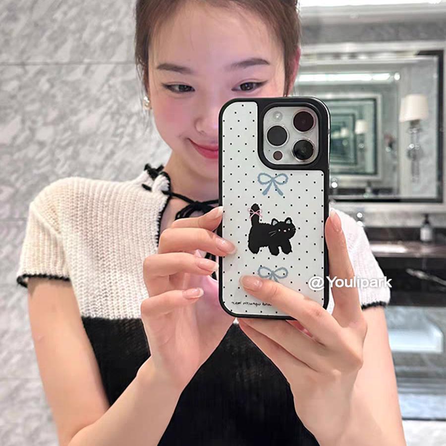 波点蝴蝶结猫咪亚克力黑边适用苹果iPhone16promax手机壳15pro小米14Pro保护套华为mate防摔三星S234晶瓷壳