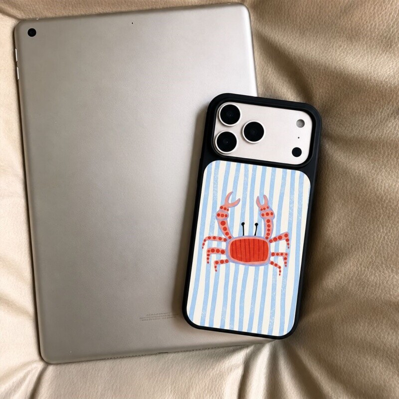 ins风条纹螃蟹黑边玻璃磁吸适用苹果iPhone18promax手机壳1716pro小米1514Pro华为mate80p90荣耀vivooppo防摔