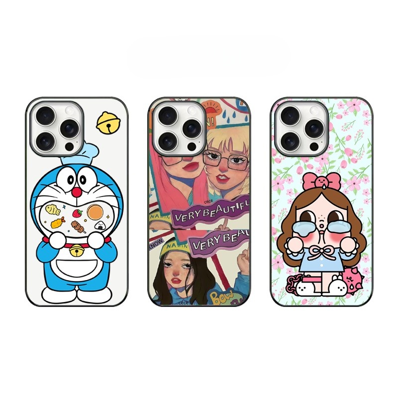 ins风原创卡通女孩适用苹果16promax手机壳iPhone15/14Pro/13防摔黑框亚克力透明保护套ins可爱12高级感磨砂