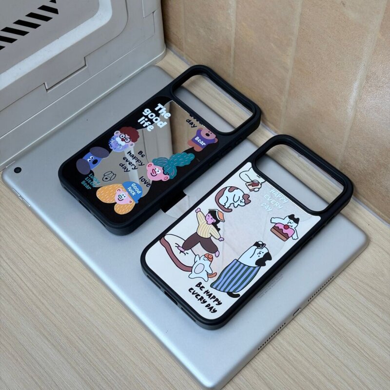 ins风可爱个性复古情侣插画原创黑边镜面适用于苹果手机壳iPhone17promax16pro/15/14/13/高级防摔小众手机套