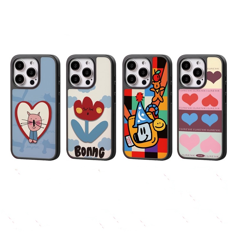 卡通小花合集原创亚克力黑边磁吸适用苹果iPhone16promax手机壳1312pro小米1415Pro华为mate60p70三星S23防摔