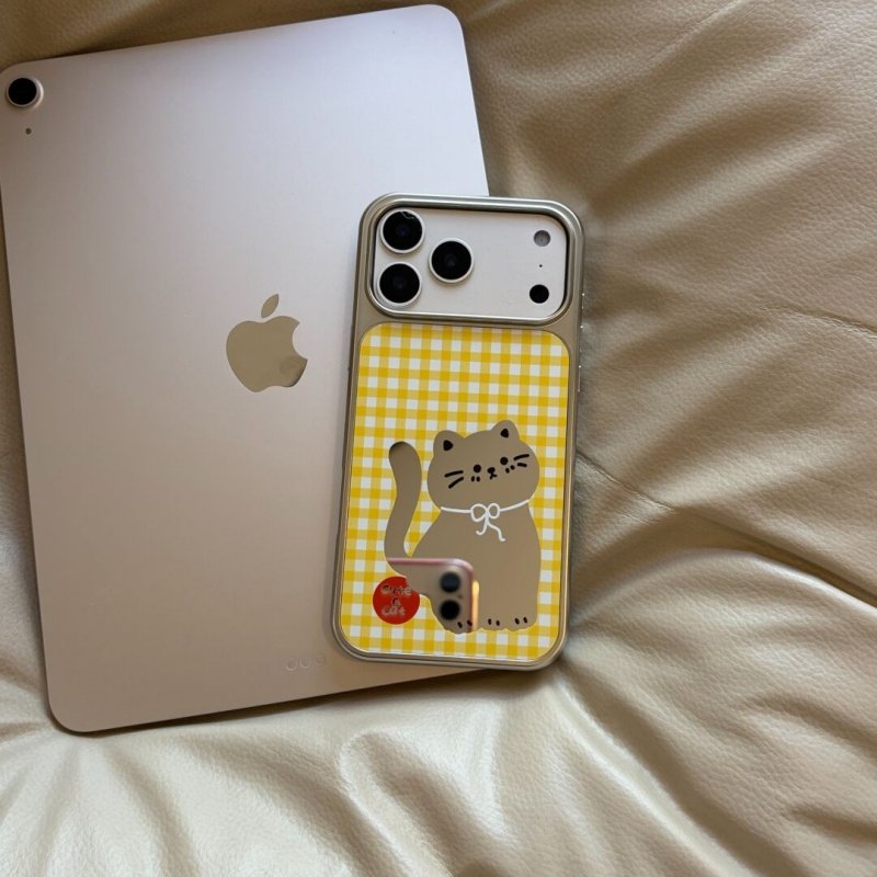 ins风复古可爱格子小猫镜面电镀银边镜面适用于苹果手机壳iPhone17promax16pro/15/14/13/高级防摔小众手机套