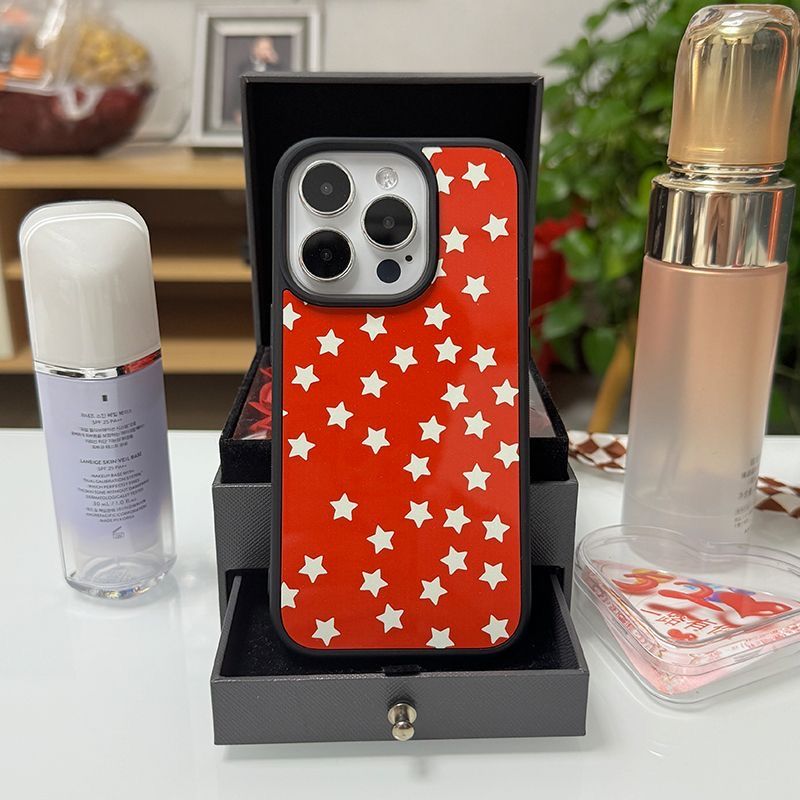 复古感红色星星亚克力黑边磁吸适用于苹果iPhone16promax1312pro小米1415Pro华为mate60p70三星S23防摔手机壳