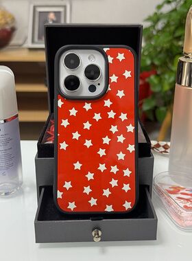 复古感红色星星亚克力黑边磁吸适用于苹果iPhone16promax1312pro小米1415Pro华为mate60p70三星S23防摔手机壳