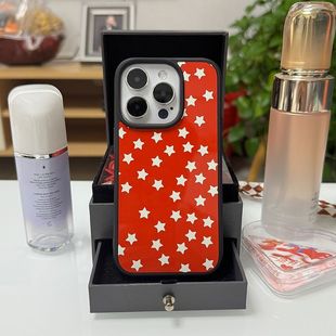 复古感红色星星亚克力黑边磁吸适用于苹果iPhone16promax1312pro小米1415Pro华为mate60p70三星S23防摔手机壳