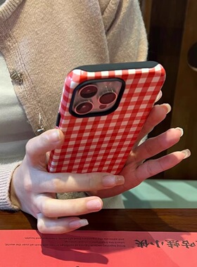 圣诞红格纹格子适用于苹果15promax手机壳卡通iphone13菲林12pro个性1312mini创意xsmax新保护套二合一xr男女