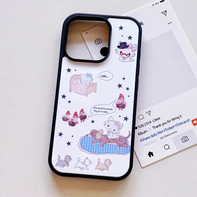 ins狗狗kt猫插画亚克力黑边磁吸适用苹果iPhone16promax手机壳1312pro小米1415Pro华为mate60p70三星S23防摔