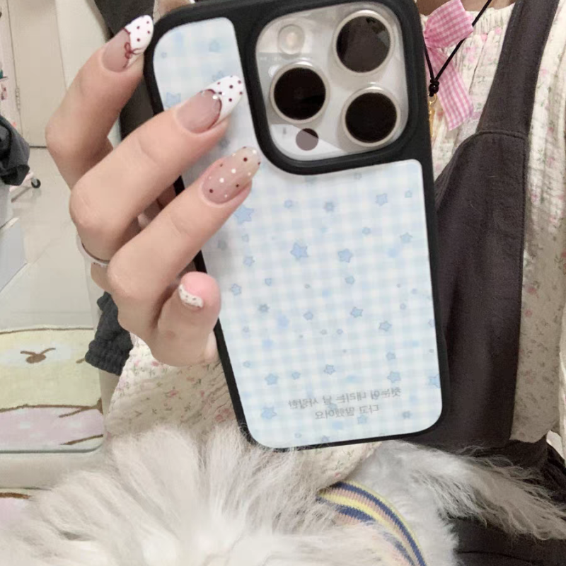 清冷感格纹星星黑适用于iPhone16ProMax手机壳/苹果15/14pro/13全包黑边亚克力背板四边软胶防摔简约可爱个性