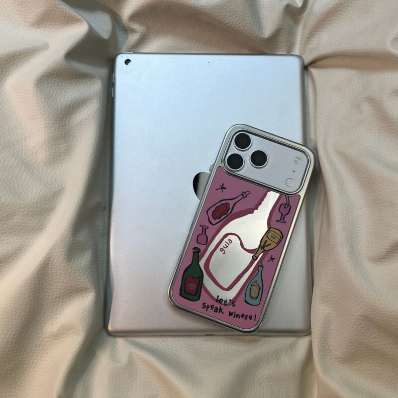 ins风复古艺术插画酒瓶镜面电镀银边镜面适用于苹果手机壳iPhone17promax16pro/15/14/13/高级防摔小众手机套