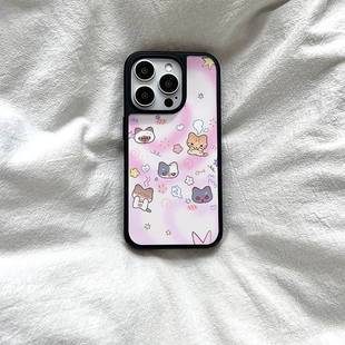 可爱小猫情侣粉色亚克力黑边磁吸适用苹果iPhone16promax手机壳1312pro小米1415Pro华为mate60p70三星S23防摔