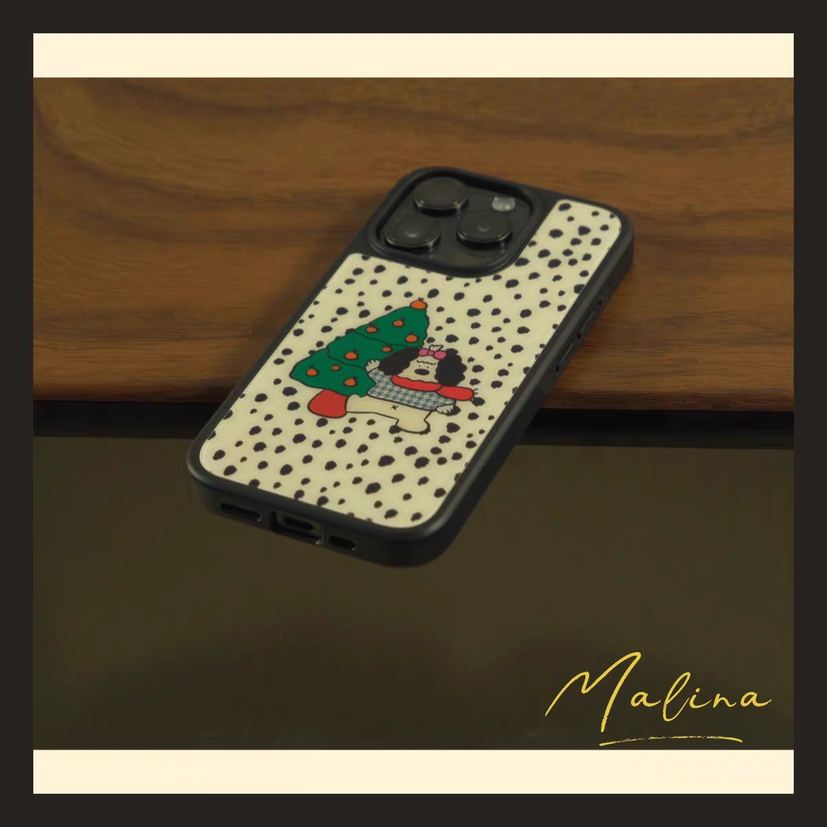 可爱圣诞小狗插画ins亚克力黑边适用苹果iPhone16promax手机壳15pro小米14Pro保护套华为mate防摔三星S23荣耀