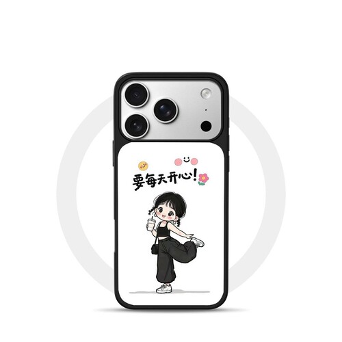 ins风开心女孩黑边玻璃磁吸适用苹果小米iPhone17promax手机壳1613pro小米1415Pro华为mate80p90三星S25防摔