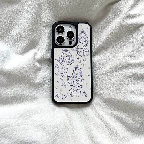 原创个性ins风三个天使亚克力黑边适用苹果iPhone16promax手机壳15pro小米14Pro保护套华为mate防摔三星S23