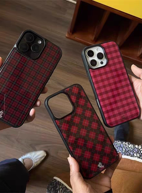 新年红色格子原创亚克力黑边磁吸适用苹果iPhone16promax手机壳131512pro小米14Pro华为mate60p70三星S23防摔