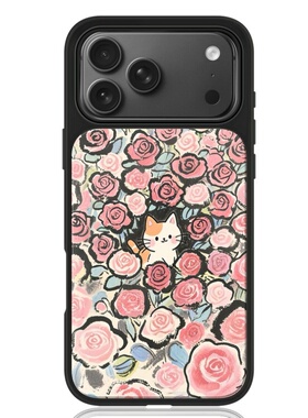ins风复古花小猫亚克力黑边磁吸适用苹果iPhone16promax手机壳1312pro小米1415Pro华为mate60p70三星S23防摔