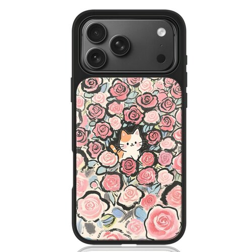 ins风复古花小猫亚克力黑边磁吸适用苹果iPhone16promax手机壳1312pro小米1415Pro华为mate60p70三星S23防摔