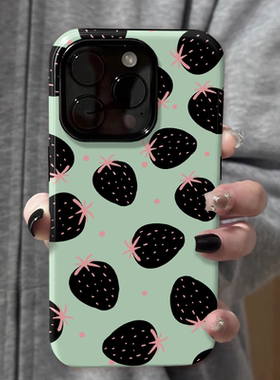 绿底黑色草莓 适用苹果16promax新款iPhone15手机壳女生1314高级感小众不撞款12防摔二合一菲林11保护套plus