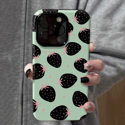 绿底黑色草莓 适用苹果16promax新款iPhone15手机壳女生1314高级感小众不撞款12防摔二合一菲林11保护套plus