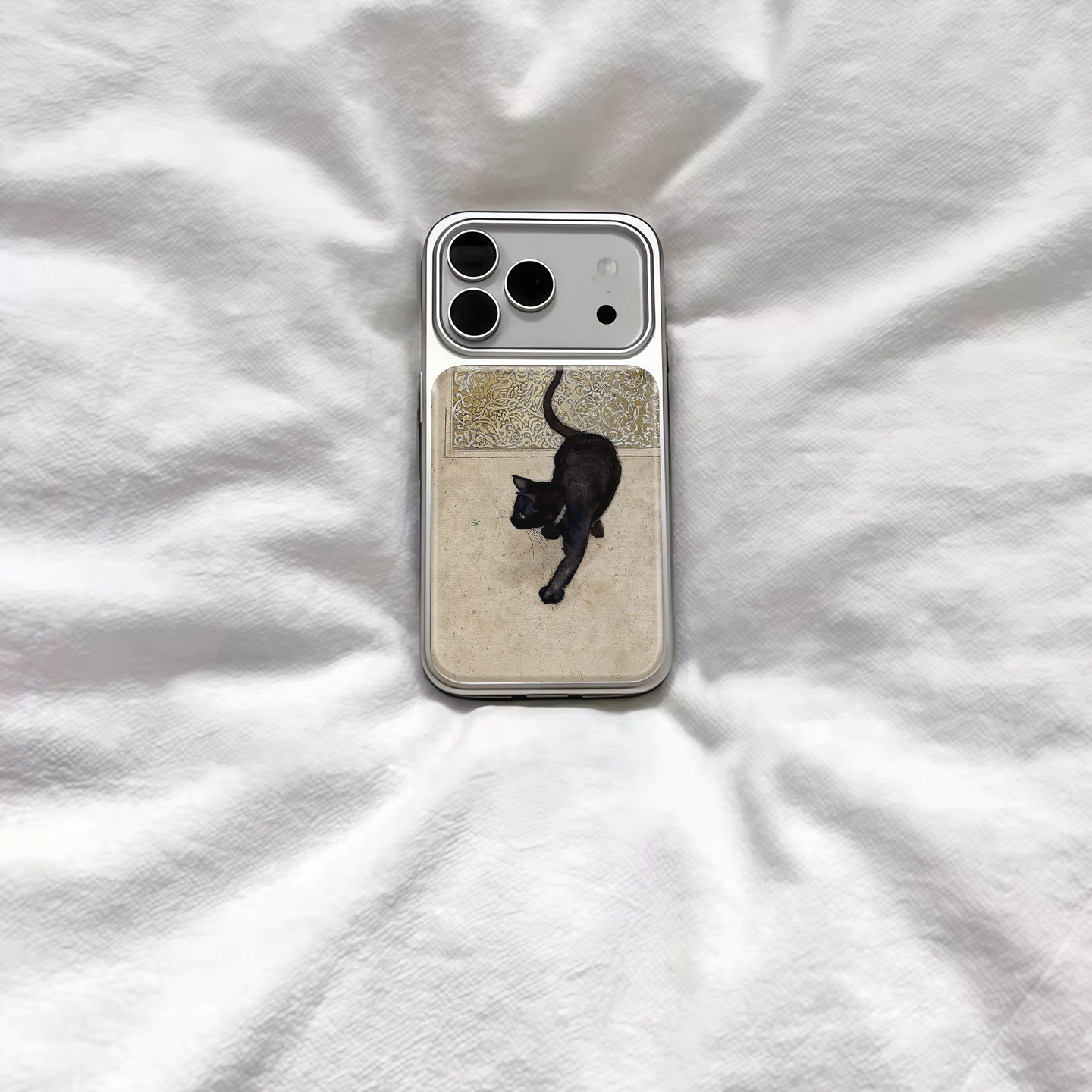 ins风中式复古小黑猫电镀银磁吸适用苹果iPhone17promax手机壳1615pro小米1415Pro华为mate60p70三星S23防摔