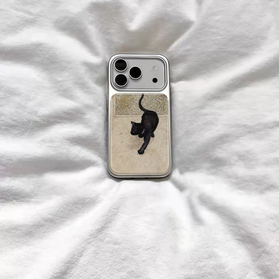 ins风中式复古小黑猫电镀银磁吸适用苹果iPhone17promax手机壳1615pro小米1415Pro华为mate60p70三星S23防摔