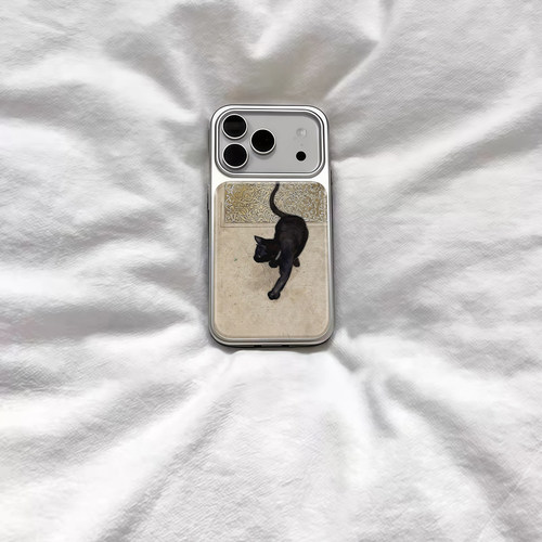ins风中式复古小黑猫电镀银磁吸适用苹果iPhone17promax手机壳1615pro小米1415Pro华为mate60p70三星S23防摔