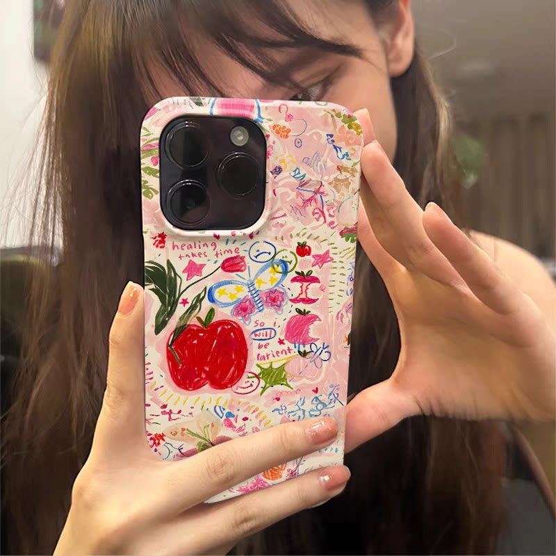 招桃花乱涂鸦适用iPhone14plus13promax12小众不撞款二合一外壳菲林艺术高级感机壳苹果手机壳15pro软壳直边