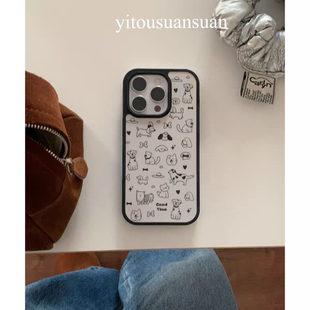 满屏手绘狗狗ins亚克力黑边磁吸适用苹果iPhone16promax手机壳1312pro小米1415Pro华为mate60p70三星S23防摔