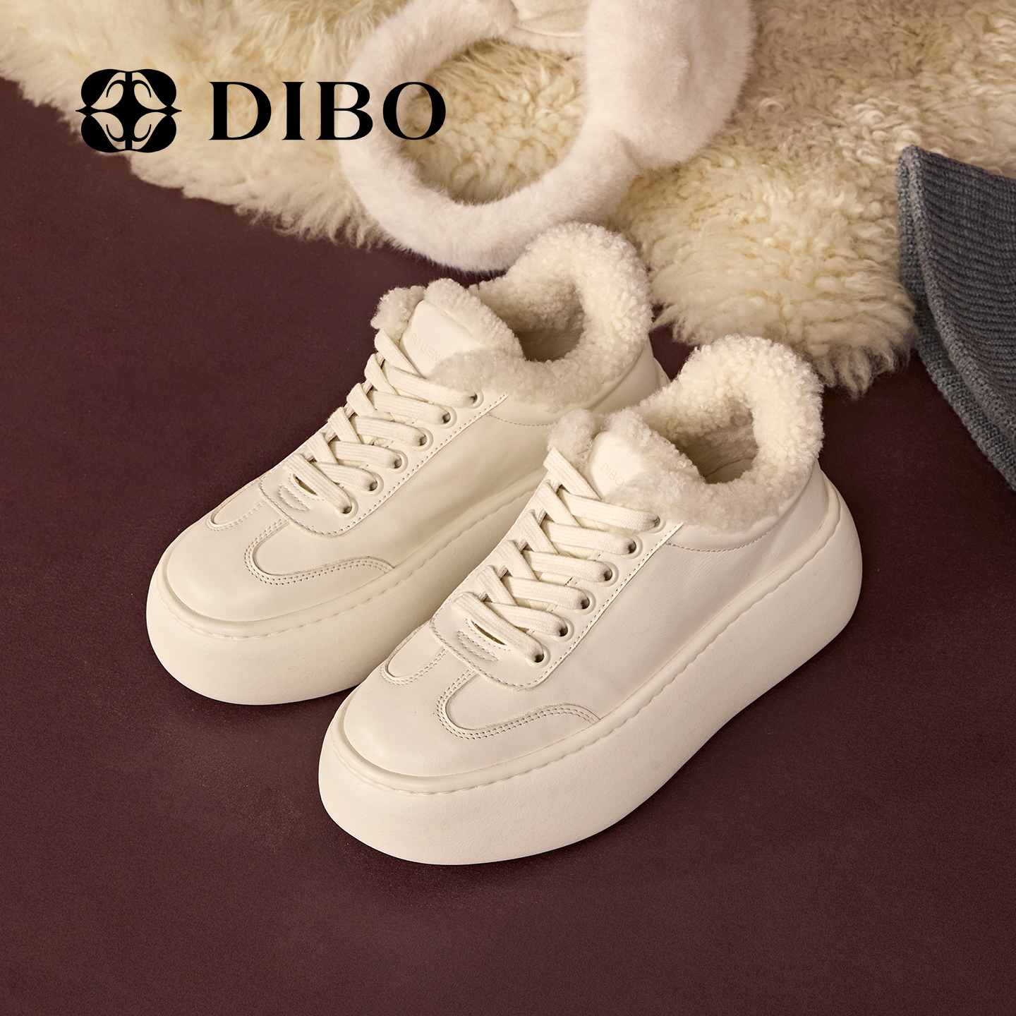 DIBO碲铂潮流百搭加绒板鞋棉鞋2025冬季新款通勤真皮厚底休闲鞋女