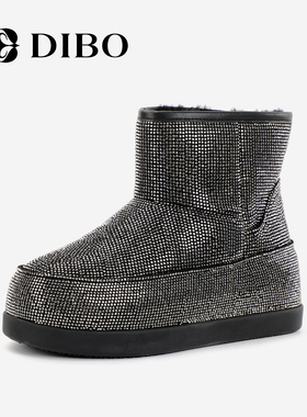 DIBO碲铂商场同款2025冬季新款厚底雪地靴女羊毛闪耀亮钻保暖短靴