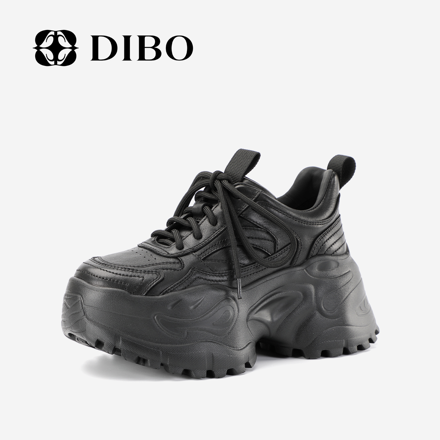 DIBO碲铂商场同款2025年秋季新款百搭增高厚底黑色真皮休闲鞋女