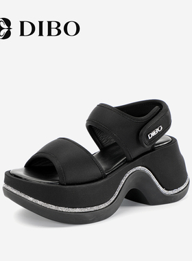 DIBO碲铂2025年夏季新款时尚亮钻厚底松糕露趾百搭黑色凉鞋女
