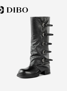 DIBO碲铂商场同款2025年冬季新款真皮骑士靴气质真皮加绒长筒靴女