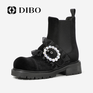 新款 DIBO碲铂法式 短靴女2023秋季 靴 平跟时尚 真皮优雅珍珠时装