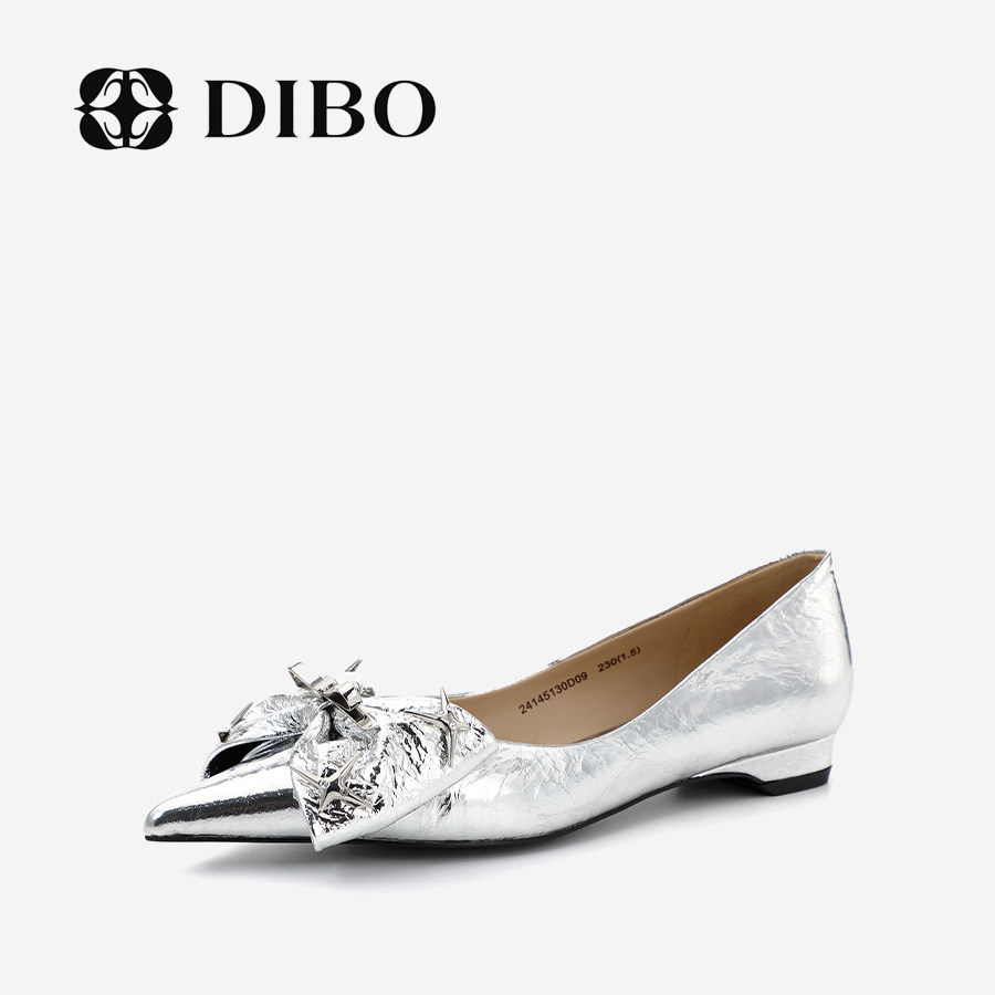dibo碲铂2024年春季商场同款女鞋尖头蝴蝶结真皮平底浅口凉鞋女
