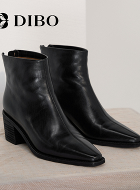 DIBO碲铂商场同款时尚真皮短靴2025年秋季新款粗跟尖头时装靴女