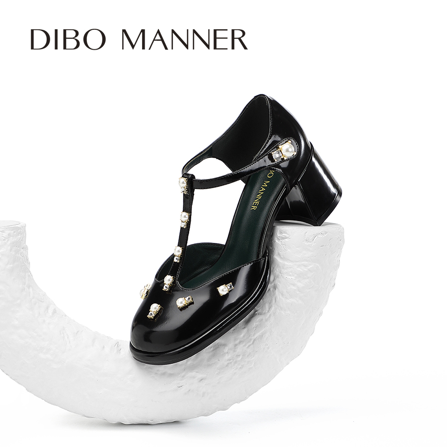 DIBO碲铂粗跟珍珠羊皮包头凉鞋